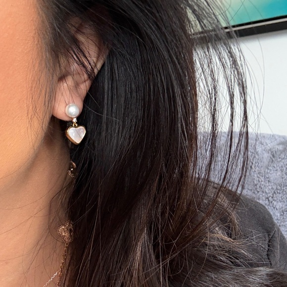 Freshwater Pearl & Mother of Pearl Puffy Heart Drop Earrings | Gold Tone - Picture 4 of 4